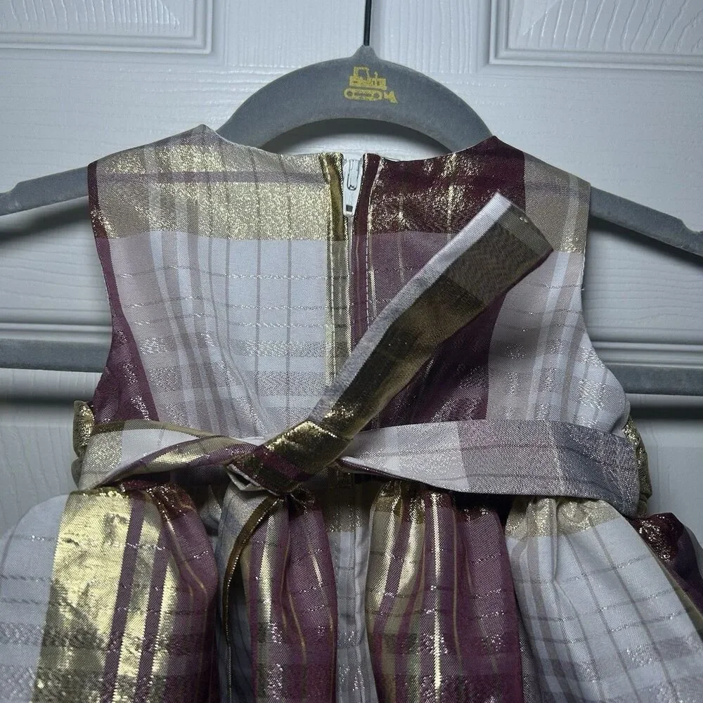 Bonnie Baby Girl’s Sleeveless Metallic Plaid Bow Dress Size 3-6 Months NWOT